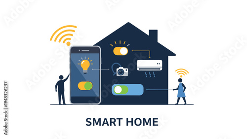 Smart home automation and remote device control concept showing people using a smartphone to manage domestic appliances.