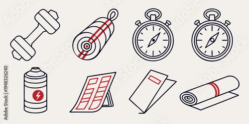 fitness icons including dumbbell and stopwatch Vector