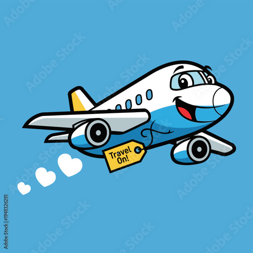 Happy Cartoon Airplane Flying with Travel On Tag and Hearts.