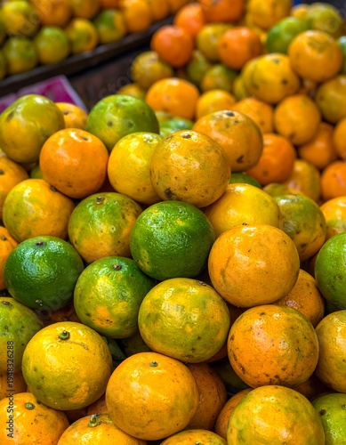 Pile of vibrant citrus fruit; some ripe orange, some unripe green, fills frame