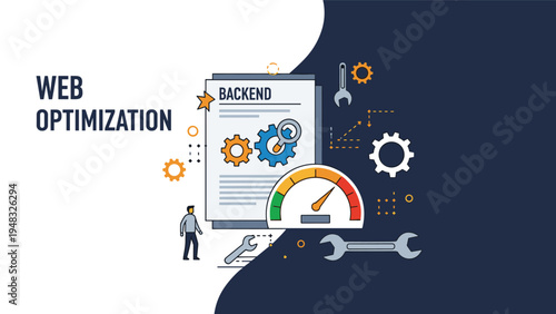 Web optimization concept showing backend coding page with gears tools and performance speedometer gauge for site management.