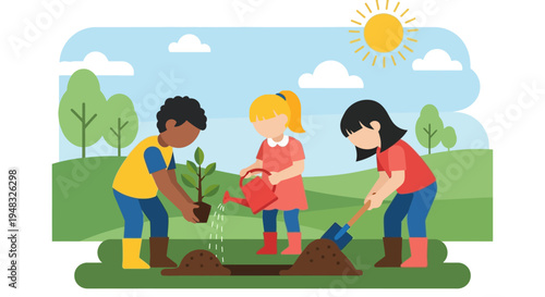 Children plant Arbor on a sunny Day in the park with friends