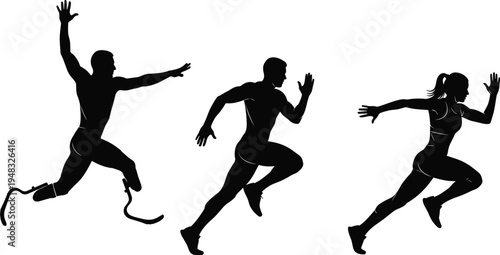 Athlete running silhouettes set, male and female sprinter with prosthetic leg, athletic sprint action poses, sports training and fitness concept isolated vector illustration