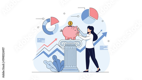 Professional businesswoman putting gold coin into piggy bank on top of greek column with financial growth charts behind her.
