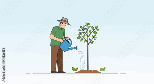 Man waters young Arbor on a sunny Day in garden