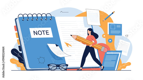 Creative writing and note taking concept featuring woman with huge pencil and multiple paper documents for planning her work.