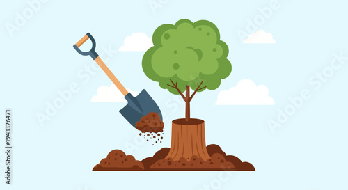 Planting Arbor on a Sunny Day with Shovel and Stump