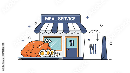 Meal service delivery concept showing roasted chicken with eggs next to storefront and white paper shopping bag for takeaway.