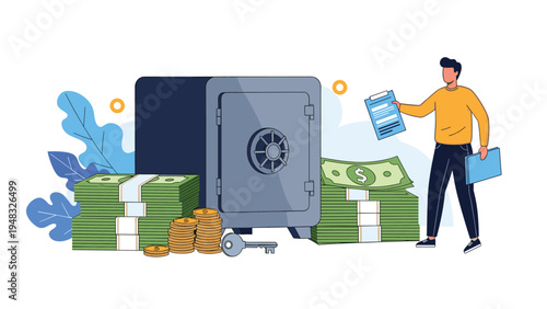 Financial security and wealth management featuring professional man with documents next to large vault and stacks of cash bills.