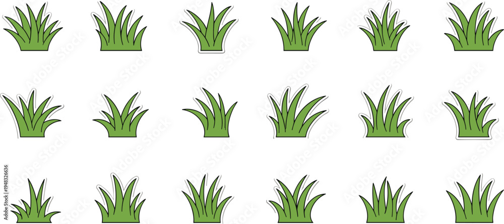 Fototapeta premium Green Grass Tuft Collection with Different Lawn and Meadow Plants Nature Garden Ground Elements Hand Drawn Vector Illustration Set