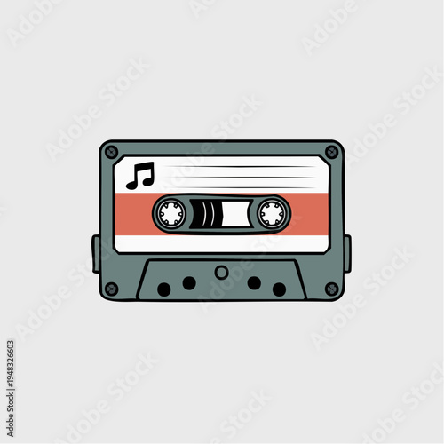 A close-up illustration of a vintage cassette tape with a music note on its label.