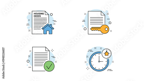 Housing deeds and real estate documents including property icons keys approval checkmarks and time management clock symbol.