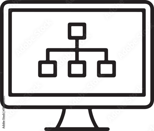 A black and white line drawing of a computer monitor displaying a hierarchical diagram high quality