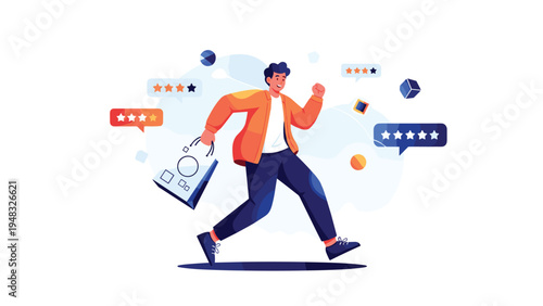 Happy customer running with a shopping bag surrounded by speech bubbles with high five-star rating reviews for top service.