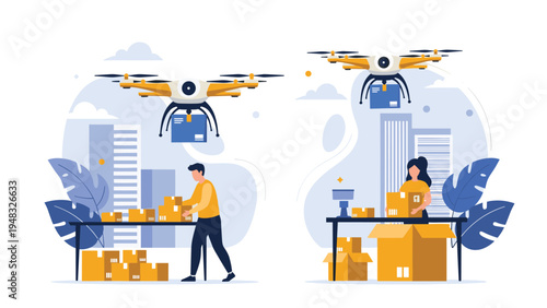 Future of logistics showing automated drones delivering packages from warehouse tables to a city skyline background buildings.
