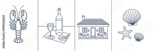 dolce vita posters set with italian holiday cards, outline sketch drawings of lobster, seafood, cheese snack, wine bottle and seashells. doodle scribble style. flat vector illustration collection.