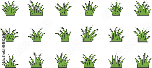 Green Grass Tuft Collection with Different Lawn and Meadow Plants Nature Garden Ground Elements Hand Drawn Vector Illustration Set