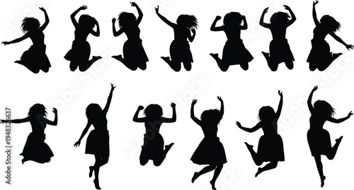 Happy jumping girl silhouette set with young woman leaping in air in various poses black vector illustration isolated on white
