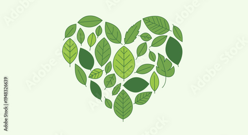 Green leaves form a heart shape on a light green background on a sunny Arbor Day