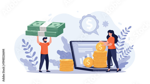 Wealth growth and financial management concept with characters holding huge cash stacks and stacking gold coins on laptop.