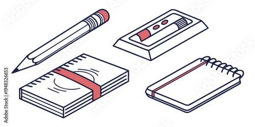 a pencil and notebooks on a white surface Vector