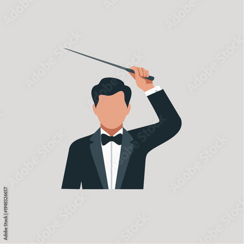 A man in a tuxedo holds a conductor's baton up in the air with his right hand.