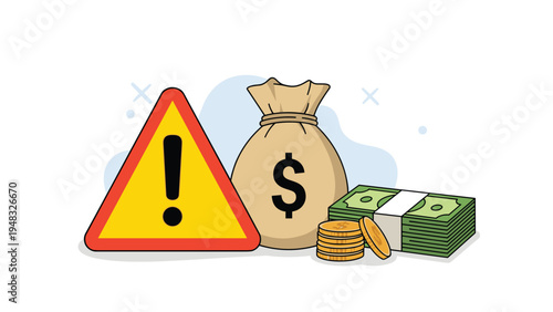 Financial risk warning concept showing a large caution sign next to a bag of money and stacks of cash bills for budget loss.