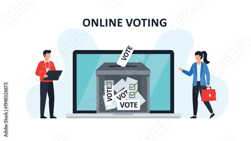 Online voting concept with people casting digital ballots into a box displayed on a large laptop screen during elections.