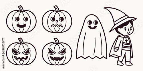 a group of halloween icons including pumpkins and costumes Vector