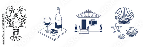 dolce vita posters set with italian holiday cards, outline sketch drawings of lobster, seafood, cheese snack, wine bottle and seashells. doodle scribble style. flat vector illustration collection.