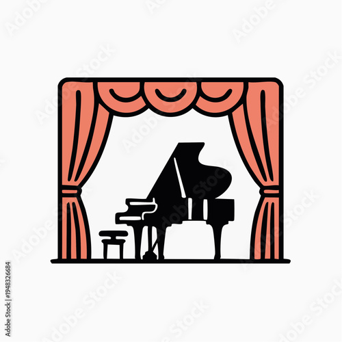 A grand piano sits on a stage with curtains and stool for a musical performance event indoors.