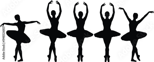 Ballet dancer silhouette collection performing classical ballet poses, graceful ballerina dance movements in tutu costume, elegant ballet performance vector illustration set