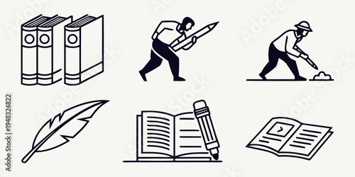 icons of books and people reading writing Vector