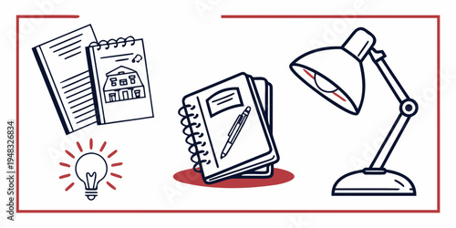 a desk lamp, notebook, and papers with a lightbulb Vector