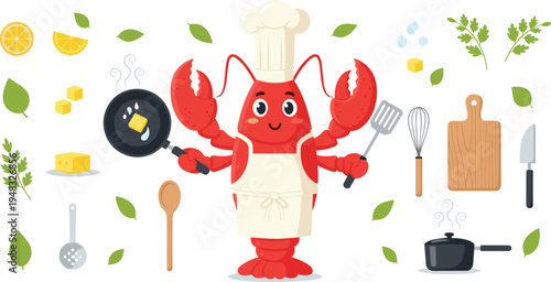 Cute lobster chef character cooking seafood with kitchen utensils ingredients and cookware flat vector illustration