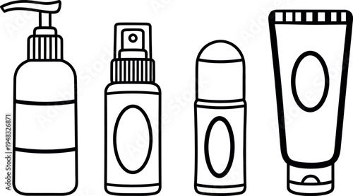 Four cosmetic product bottles and tubes for skincare and makeup