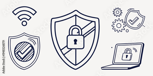 security icons including shield with lock and laptop with padlock Vector