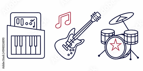 a guitar, keyboard, and drum set with a red music note Vector
