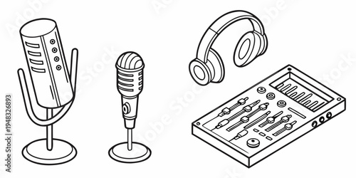 a microphone, a headset and a sound mixer board Vector