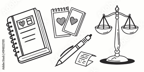 law and justice symbols with book and pen Vector