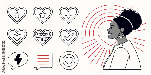 a woman with a headache and various heart symbols Vector