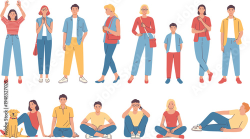 Illustration of diverse group of people and dog in casual modern style, standing and sitting poses, showcasing clothing variety, lifestyle diversity, and everyday social representation.