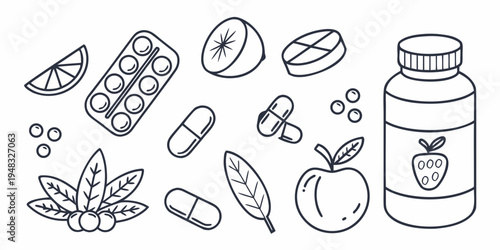 a collection of natural health supplements and food Vector