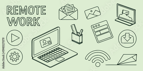 remote work icons and symbols on green background Vector
