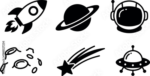Minimalist black space icons set showing rocket launch planet with rings astronaut helmet shooting star and alien spaceship