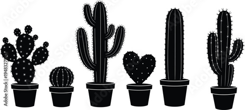 cactus silhouette collection set, potted desert succulent plants icons, prickly botanical houseplants decoration, black cactus vector illustration isolated design pack