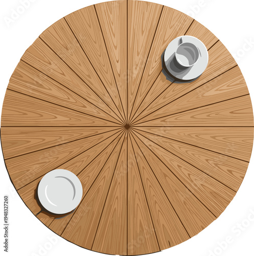 Round wooden table top view with plates minimal dining furniture kitchen interior vector illustration