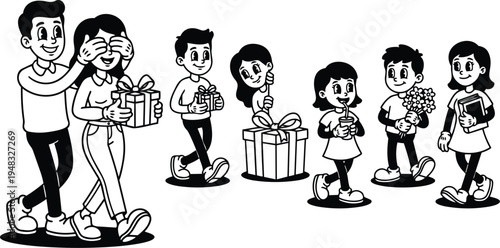 Retro cartoon vector of man surprising woman with gift blindfolded while children bring presents and flowers in playful line style