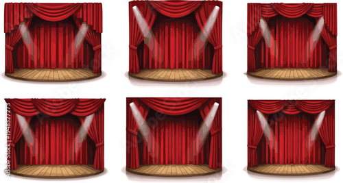 Theater stage with red curtains and spotlight collection performance show background flat vector illustration