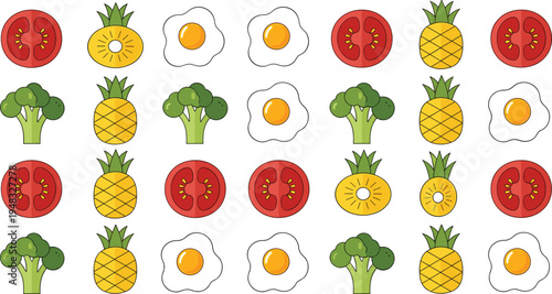Healthy Food Seamless Pattern with Tomato Pineapple Broccoli and Fried Egg Colorful Nutrition Background Vector Illustration Design